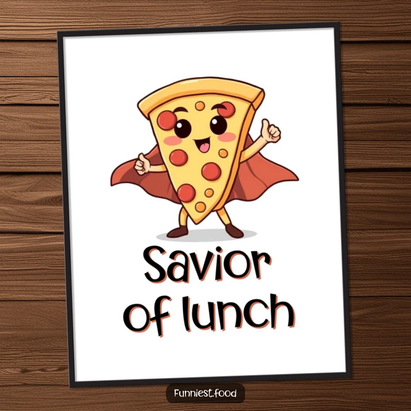 Funny Hero Pizza Slice Poster: A proud pizza slice with a cape strikes a dynamic superhero pose, ready for action.