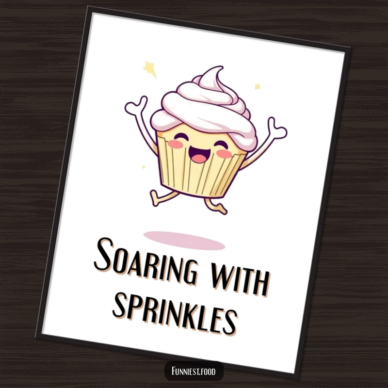 Funny poster art of a joyful cupcake character in a celebratory jump, uplifting wall decor for kitchens or party rooms.