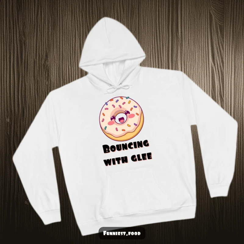 Funny Hoodie: A happy donut with colorful sprinkles bounces with excitement, offering cozy warmth and a sugary sense of humor.