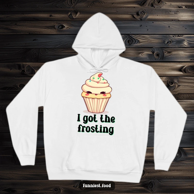 Funny Hoodie featuring a cheeky cupcake winking mischievously, offering cozy comfort with a delightful, sweet twist.