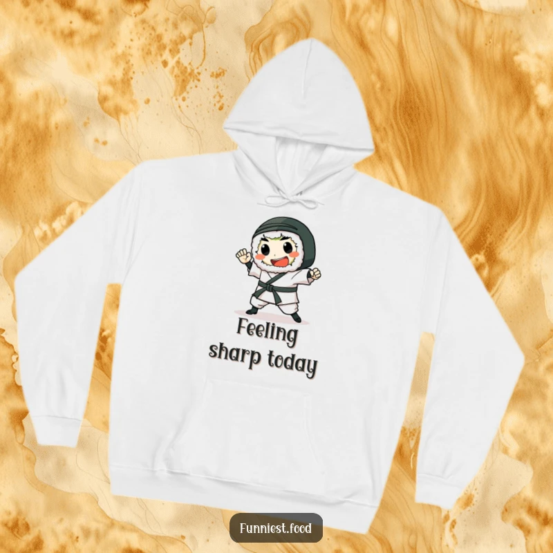 Funny Sushi Hoodie: A gleeful sushi roll performs a karate chop, offering warm, cozy comfort with a martial arts twist.