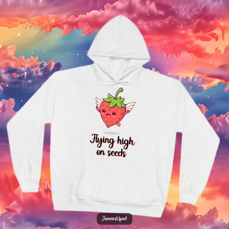 Funny jumping strawberry with tiny wings flying on a hoodie, offering cozy comfort and whimsical charm, a wonderful funny gift.