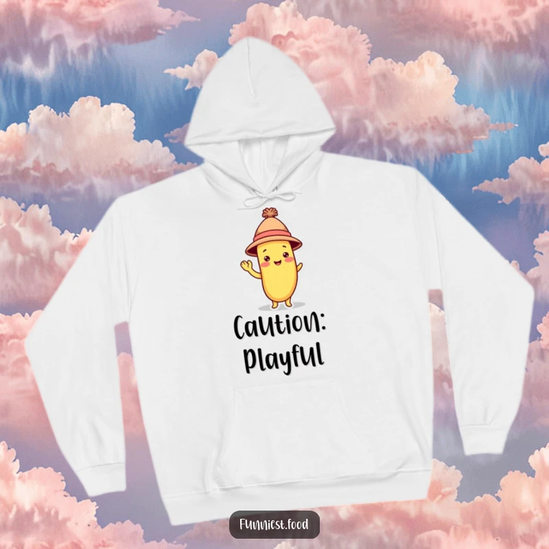 Funny Banana Hoodie: A cheerful banana wearing a hat waves with a fun, friendly gesture, perfect for comfort.