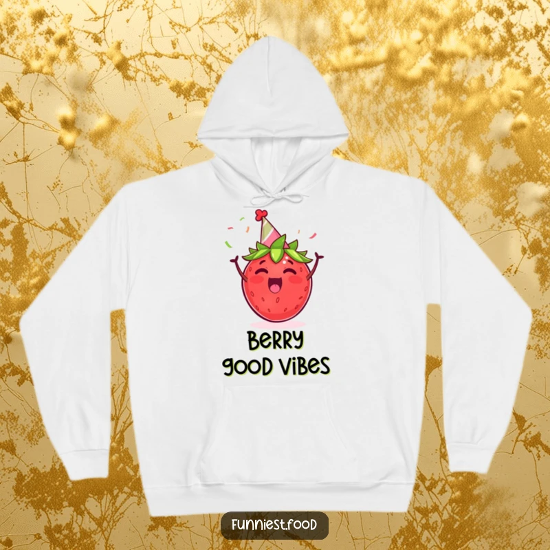 Funny hoodie depicting an excited strawberry in a party hat, joyfully cheering with tiny streamers for a fun vibe.