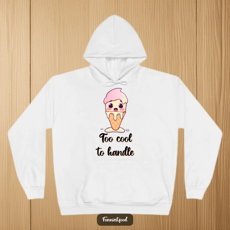 Funny Ice Cream Hoodie with a surprised ice cream character melting with excitement, soft and sweet apparel.