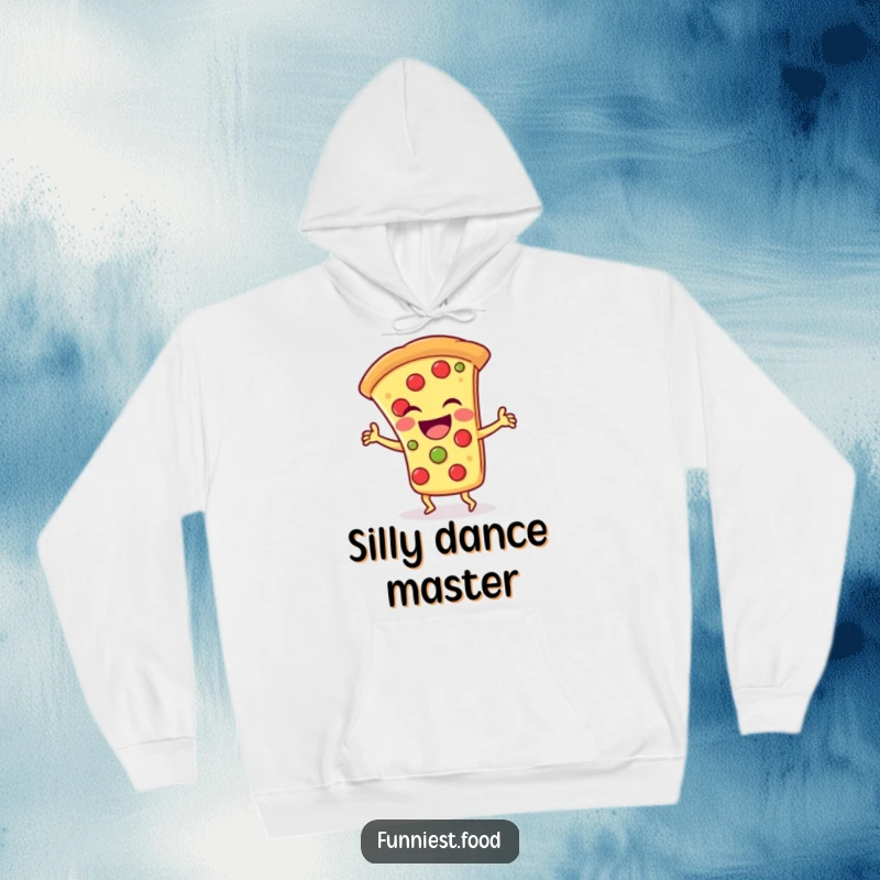 Funny Hoodie: A laughing pizza slice character doing a silly dance, radiating cartoon fun and cozy vibes.