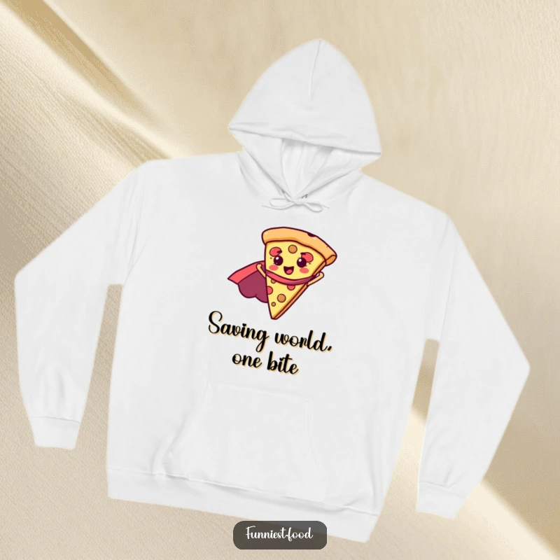Funny pizza slice with a superhero cape, depicted on a cozy hoodie, ready for action and laughs, a warm funny gift.
