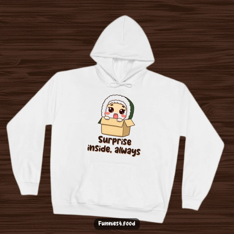 Funny hooded sweatshirt featuring a surprised sushi roll character peeking out of its container, a hilarious and warm apparel item.