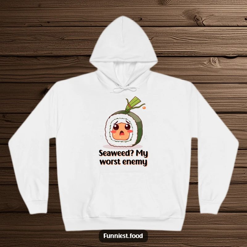 Funny Sushi Roll Hoodie: A sushi character in comical shock from flying seaweed, offering warmth and a good laugh as a cozy funny gift.