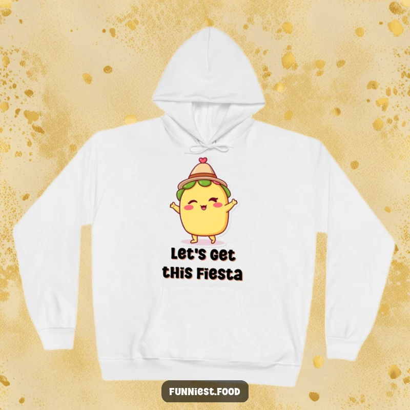 Funny hoodie featuring a winking taco wearing a tiny hat and dancing, radiating a playful and festive party atmosphere.