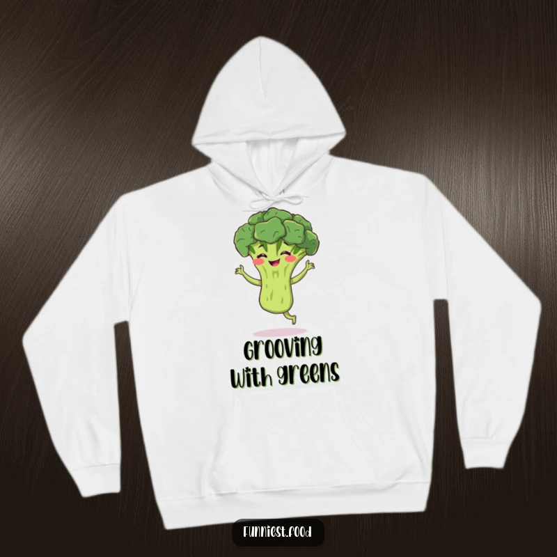 Funny broccoli hoodie featuring a bouncing broccoli performing a silly jig with a grin, perfect for a comfy, funny gift.