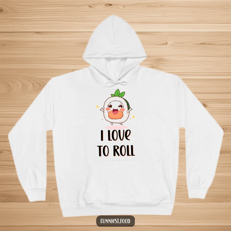 Funny delighted sushi hoodie, a happy dancing roll, warm and humorous clothing.