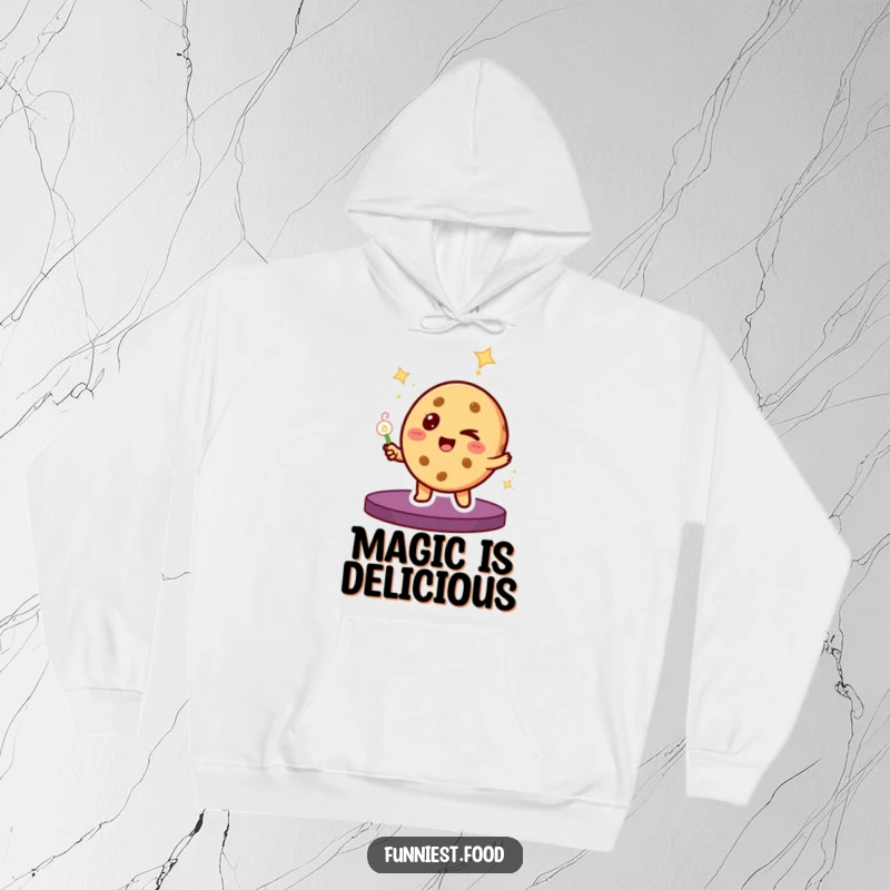 Funny Hoodie: A winking cookie character with a magician's hat, performing a spellbinding trick in cozy fabric.