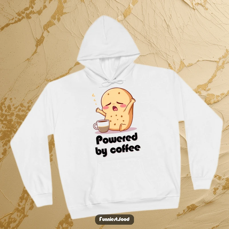 Funny Bagel Hoodie: A sleepy bagel character yawns and stretches with a coffee cup nearby, designed for ultimate cozy mornings.