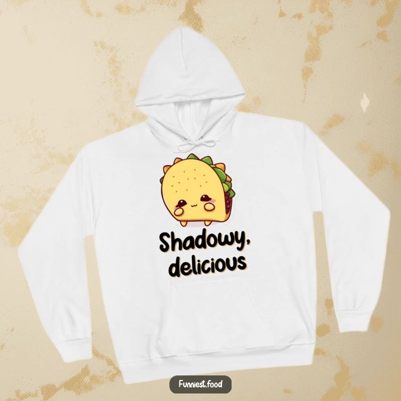 Funny Hoodie: A shy taco character hides behind its shadow, designed for ultimate cozy introversion and humor.