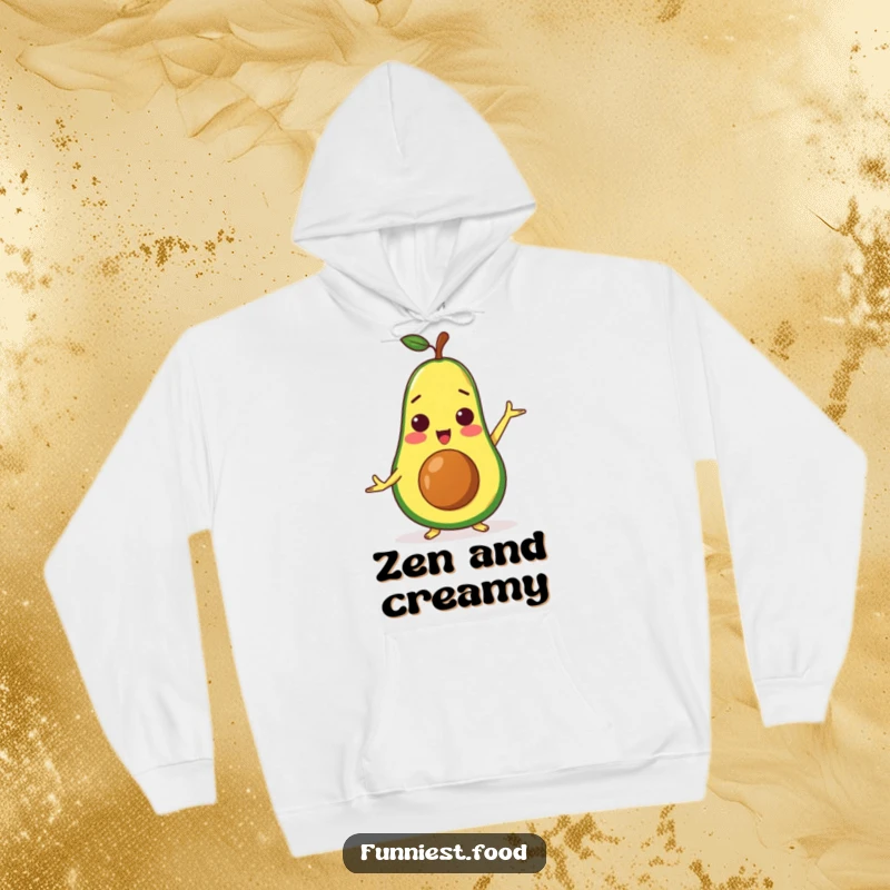 Funny surprised avocado character doing a yoga pose, featured on a warm and cozy hoodie.