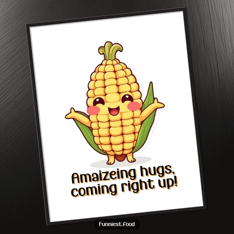 Funny Free Printable Wall Art featuring a cute corn cob character with open arms, radiating warmth and a desire for a hug.