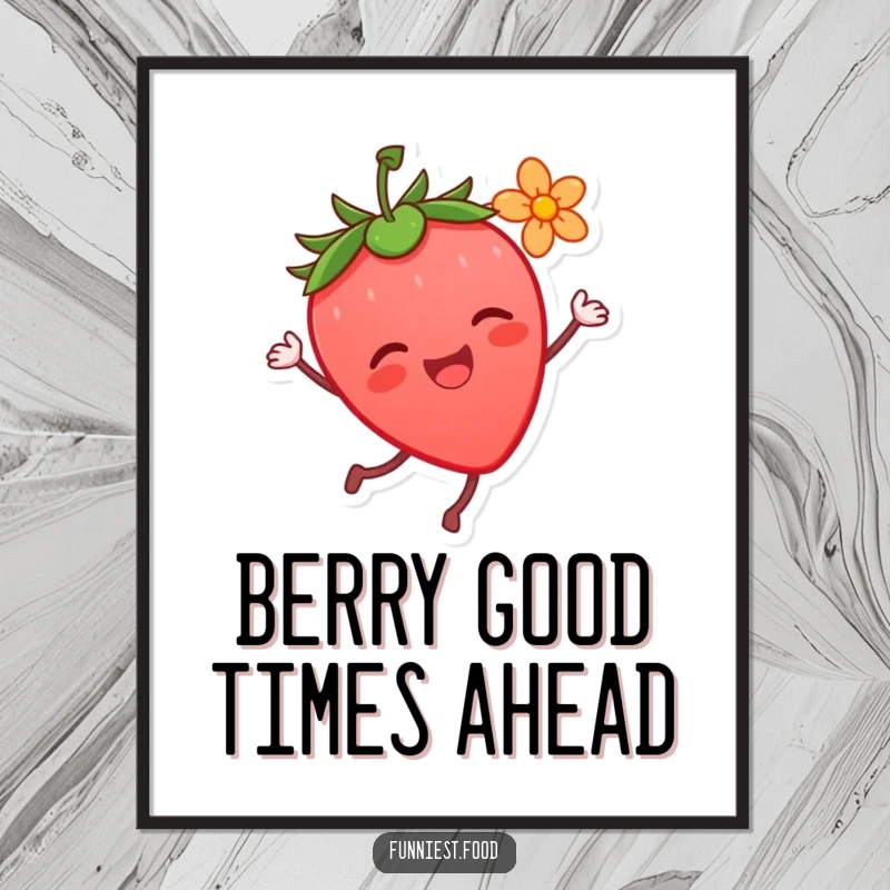 Funny Free Printable Wall Art: A joyful strawberry character dances energetically with a flower, cheerful downloadable decor.