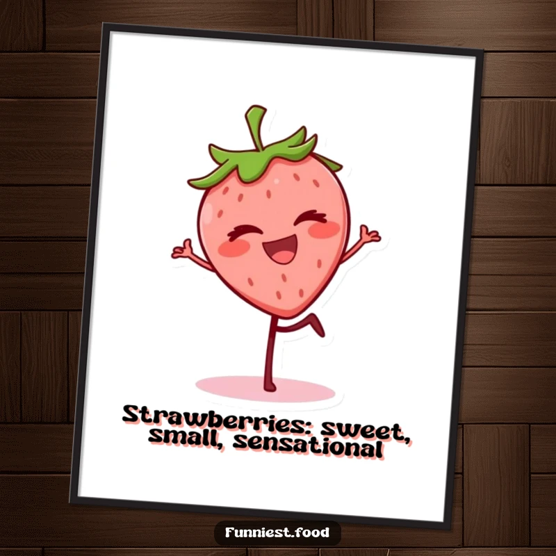 Funny free printable wall art of a grinning strawberry winking playfully while balancing perfectly on one leg.