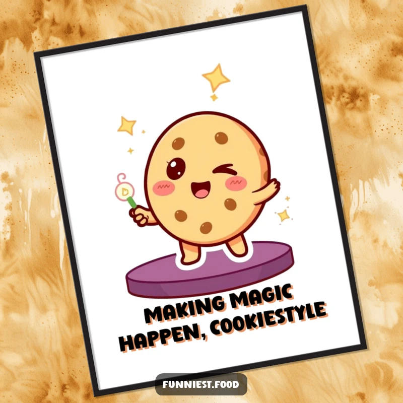 Funny Free Printable Wall Art: A winking cookie character doing a magic trick with playing cards, whimsical and fun.