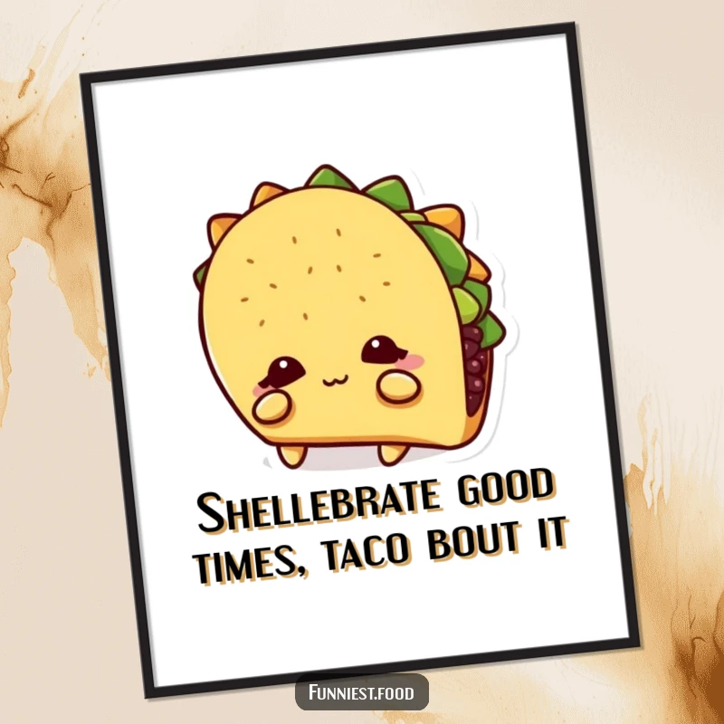 Funny Free Printable Wall Art: A shy taco character peeking cautiously from behind its own large shadow, endearing and cute.
