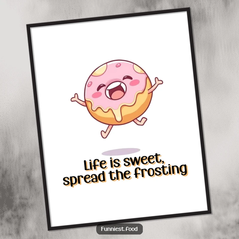 Funny Free Printable Wall Art of a delighted donut with frosting dripping, caught in a playful acrobatic leap.
