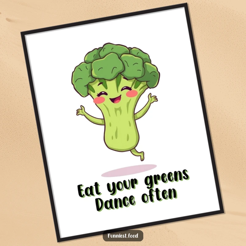 Funny Free Printable Wall Art: A smiling broccoli performing a silly, energetic jig.
