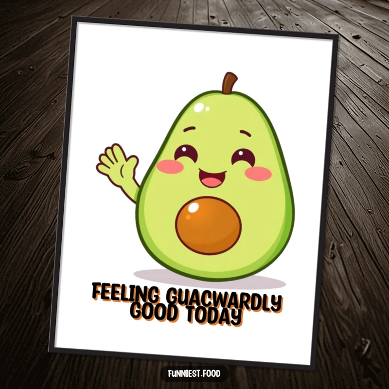 Funny Free Printable Wall Art of a delighted avocado character cheerfully waving a friendly hello.