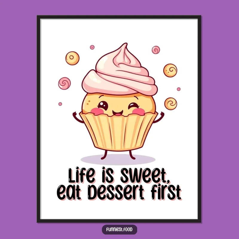 Funny Free Printable Wall Art: Jolly Cupcake Juggling Frosting, Quirky Downloadable Home Decor