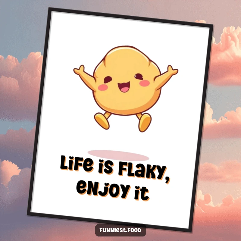 Funny Free Printable Wall Art: A croissant with butter pats for feet leaps joyfully mid-air, a whimsical treat.