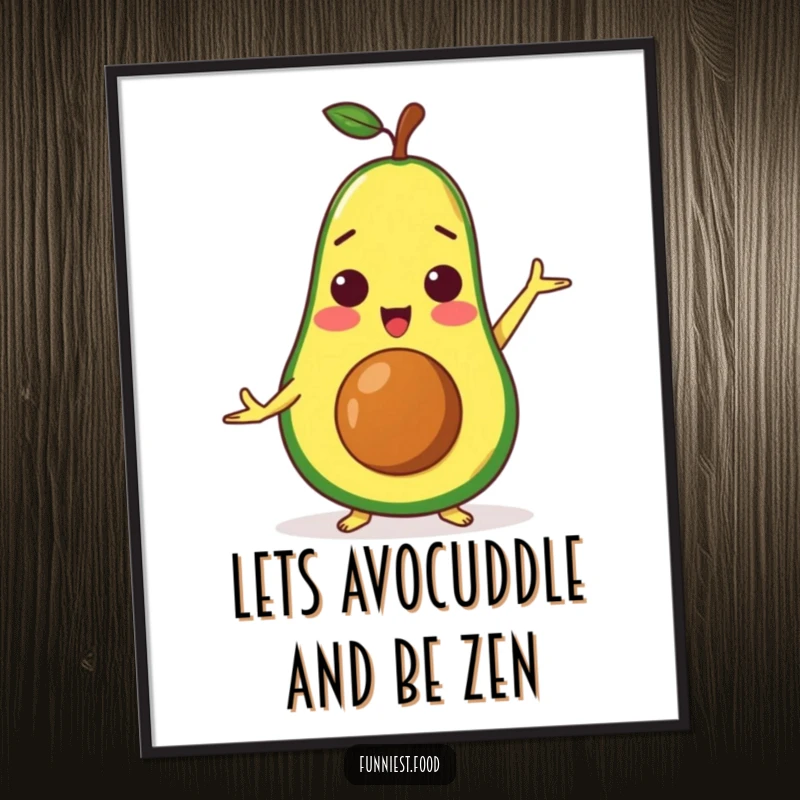 Funny Free Printable Wall Art: Surprised avocado character holding a challenging yoga pose, ideal for wellness decor.