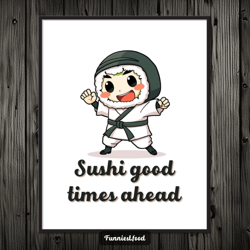 Funny Free Printable Wall Art: A gleeful sushi roll character strikes a powerful karate chop pose, full of energy.
