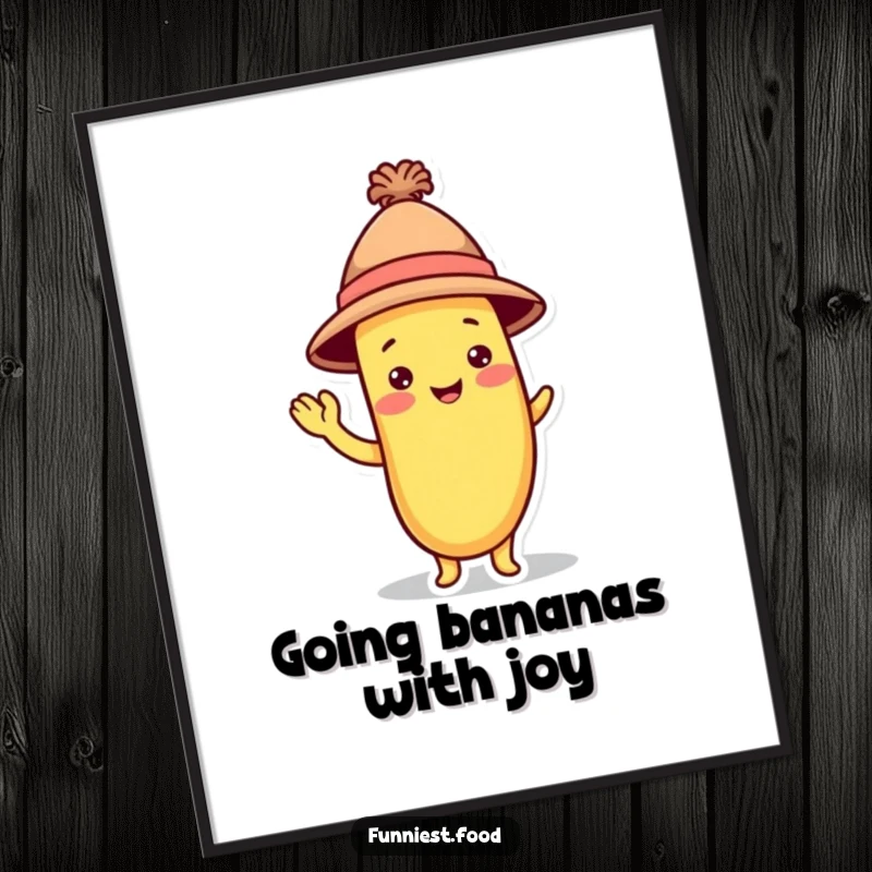 Funny Free Printable wall art of a playful banana character in a small hat, giving a silly wave, perfect for a whimsical space.