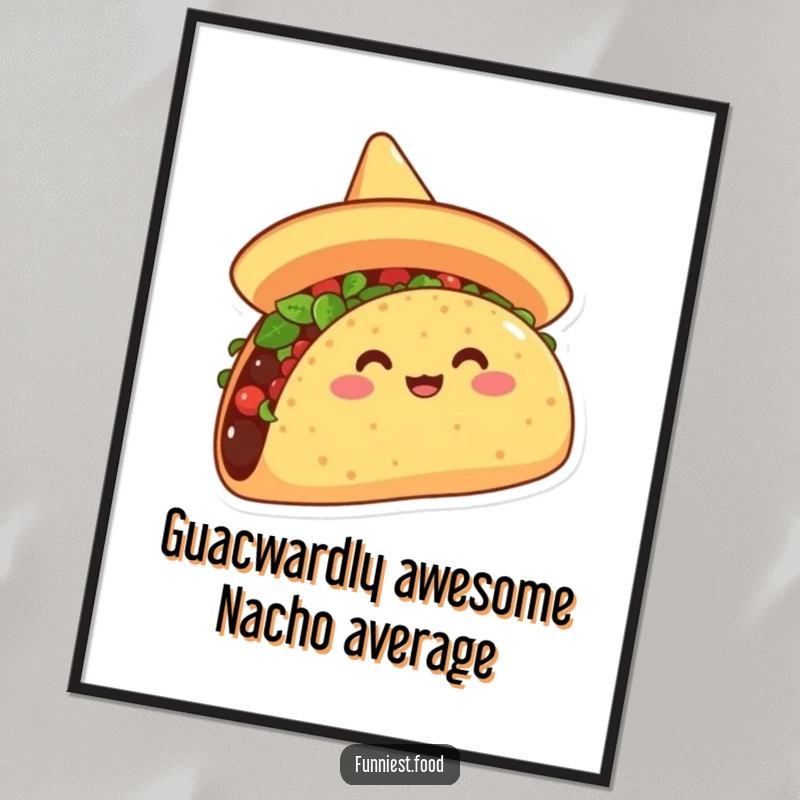 Funny free printable wall art featuring an overjoyed taco with a giant sombrero, ready to party and bring smiles to any room.