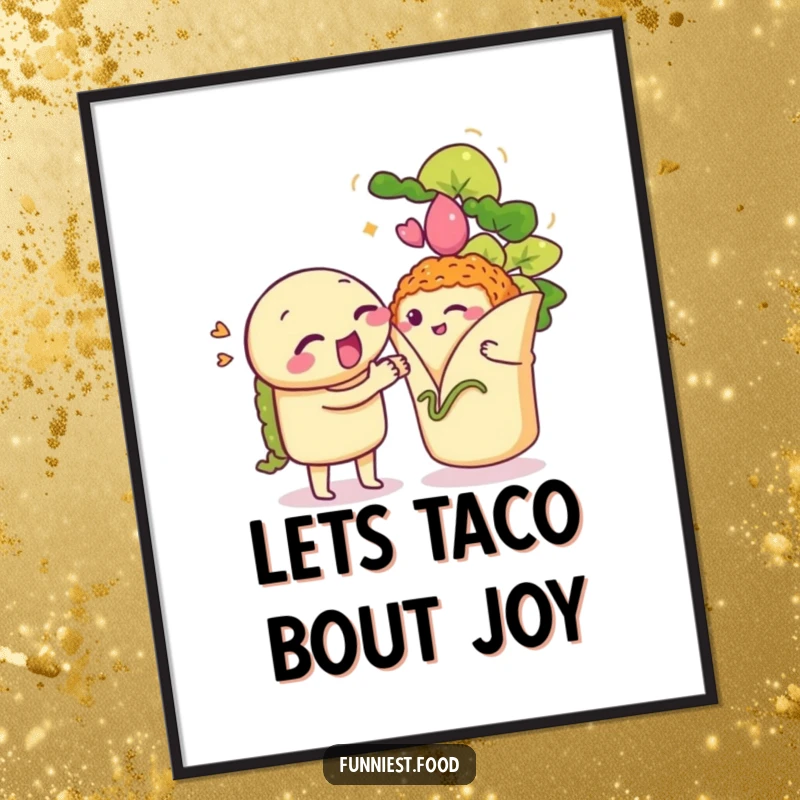 Funny Free Printable Wall Art: A winking taco serenades a shy burrito with passion, a whimsical food scene.