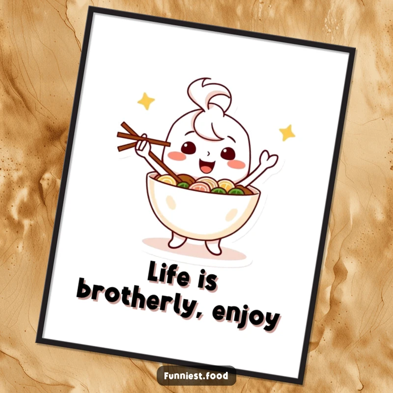 Funny Free Printable Wall Art: Happy ramen bowl character expertly juggling chopsticks, a dynamic food illustration.