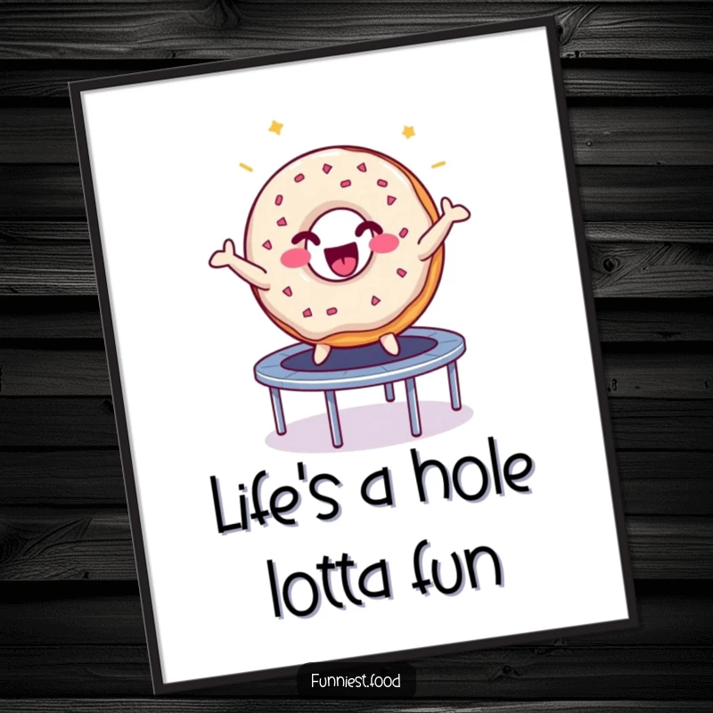 Funny Free Printable Wall Art: A sparkling donut character energetically bouncing high on a trampoline, full of glee.