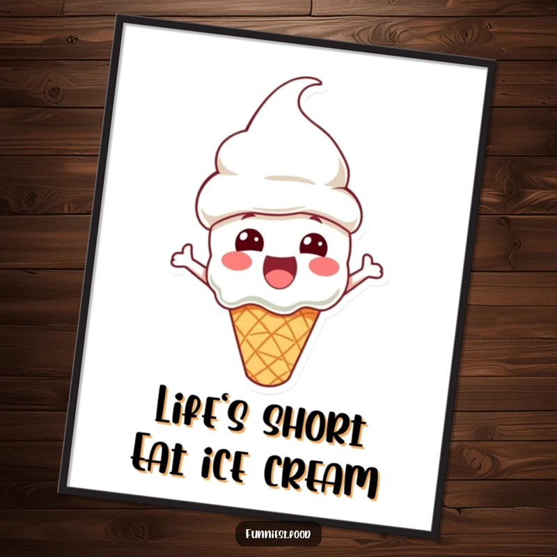 Funny Free Printable Wall Art: An excited ice cream cone character sporting a cone hat, creating a fun and sweet decorative element.
