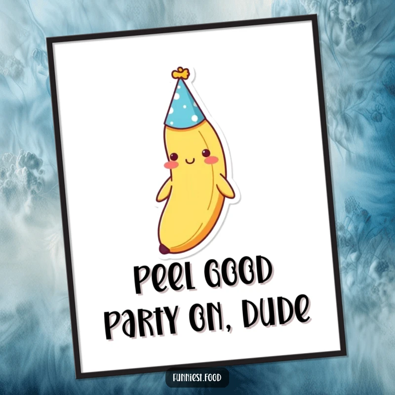 Funny Free Printable wall art of a shy banana wearing a small party hat, looking endearingly bashful.