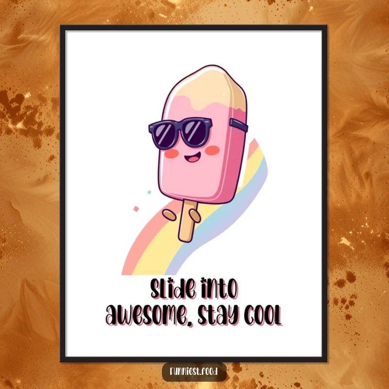 Funny Free Printable Wall Art: A cool popsicle with sunglasses slides down a vibrant rainbow, bringing cheerful vibes.