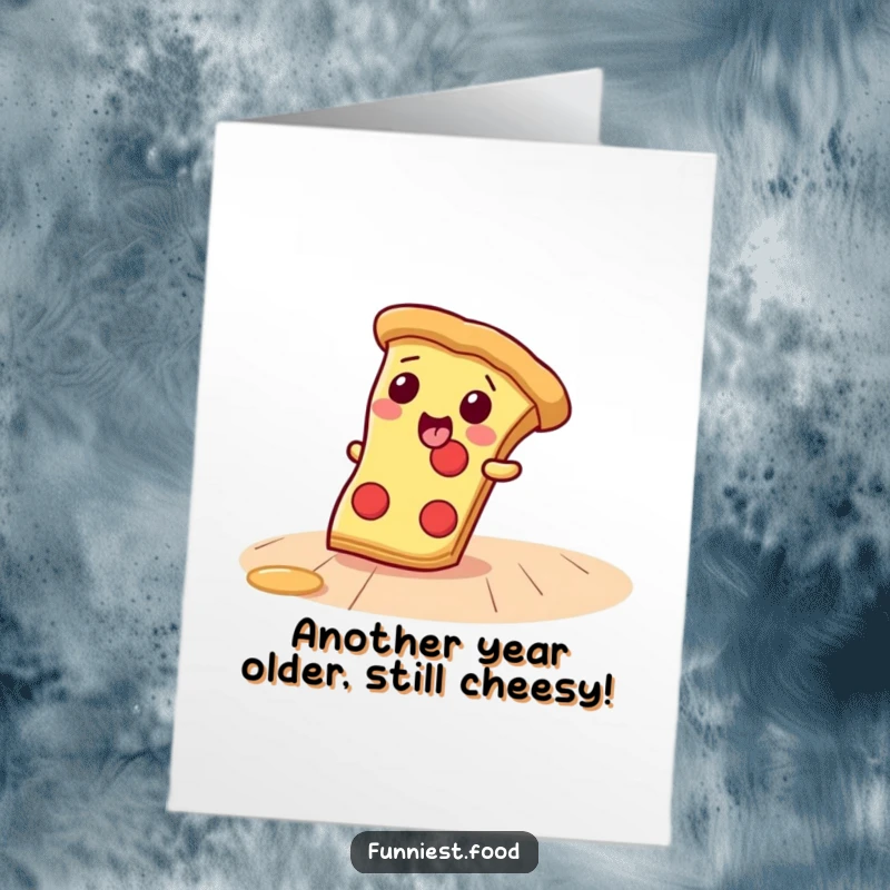 Funny Free Printable Birthday Card: a giggling pizza slice comically sliding across a floor.