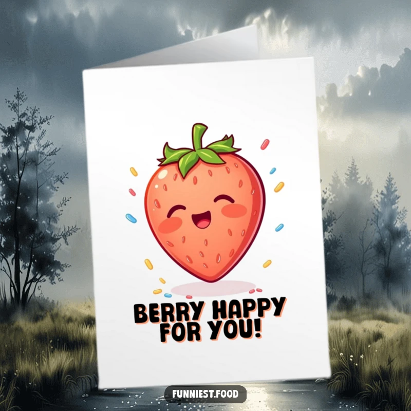 Funny Free Printable Birthday Card: A delighted strawberry happily catches falling colorful sprinkles, pure joy.