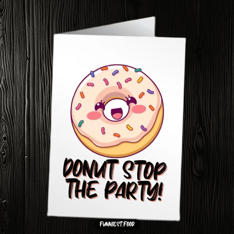 Funny Free Printable Birthday Card: A happy donut with colorful sprinkles bouncing energetically, spreading birthday cheer.