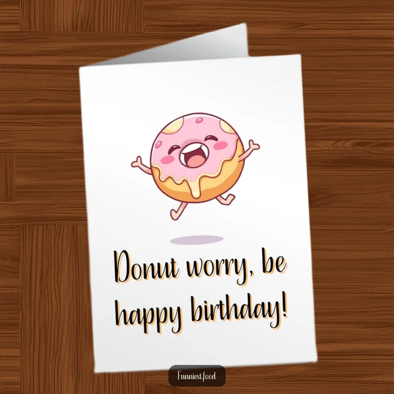 Funny Free Printable Birthday Card featuring a delighted donut mid-leap with frosting dripping, ready for a playful celebration.