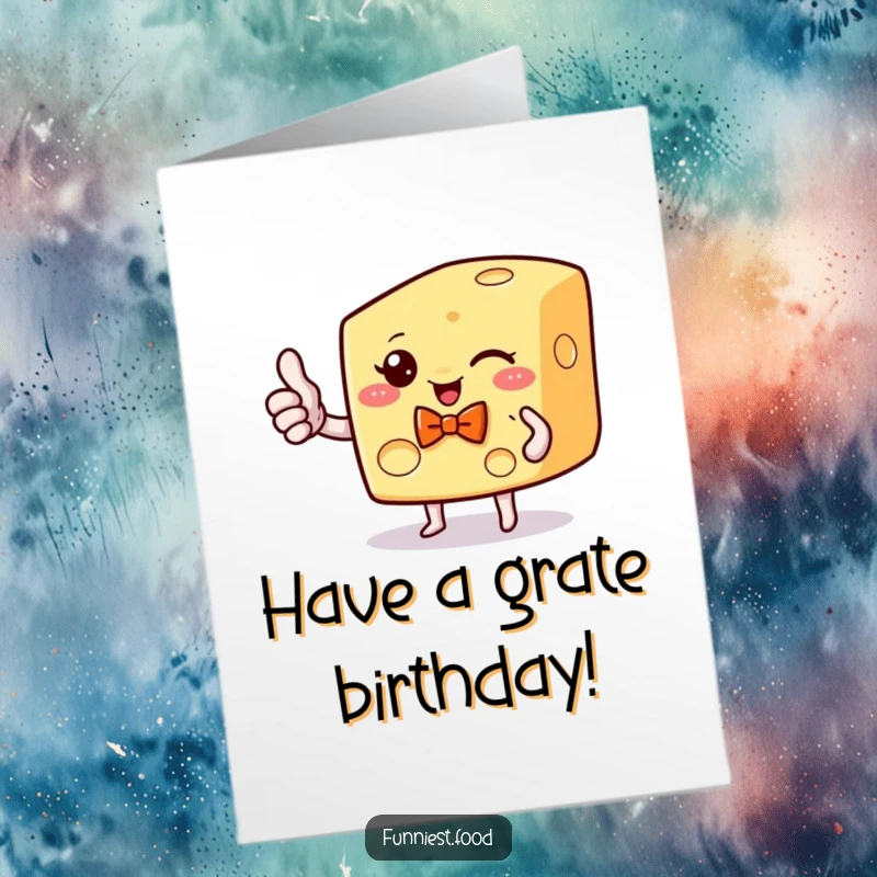 Funny Free Printable Birthday Card: A winking cheese wedge with a bow tie gives a thumbs up, celebrating a birthday.