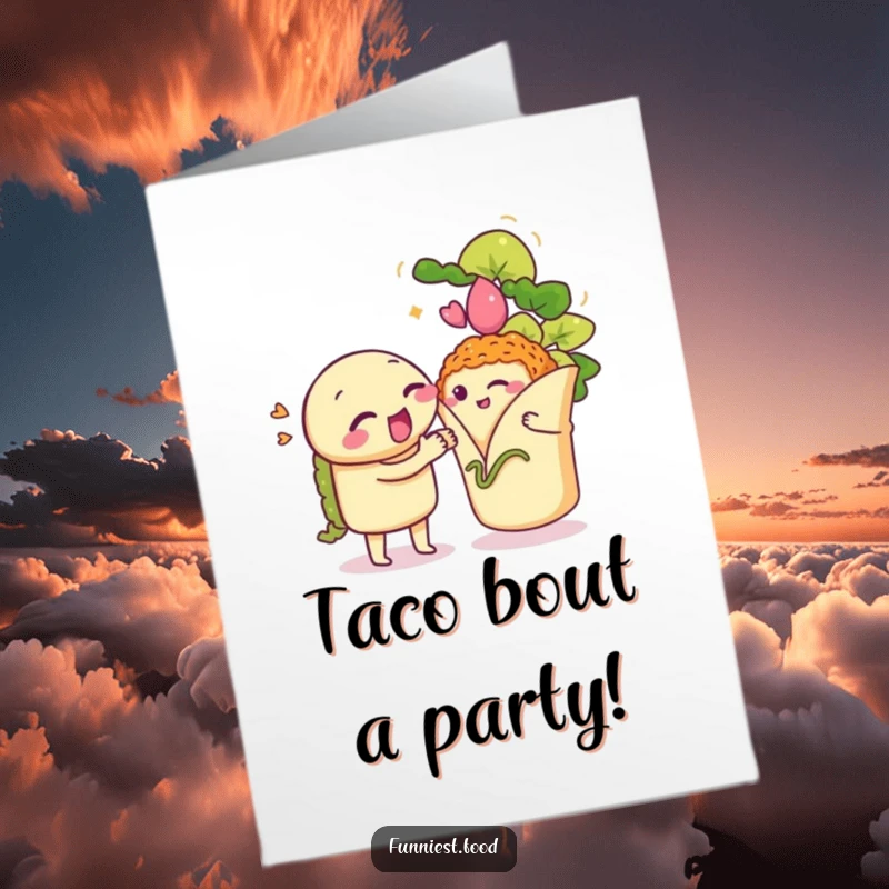 Funny Free Printable Birthday Card: A winking taco serenades a shy burrito with a song, festive and cute.