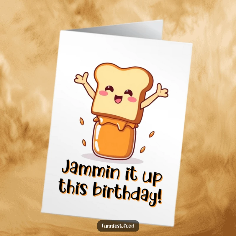 Funny Free Printable Birthday Card: Smiling toast character leaping joyfully over a jam jar, celebrating with humor.