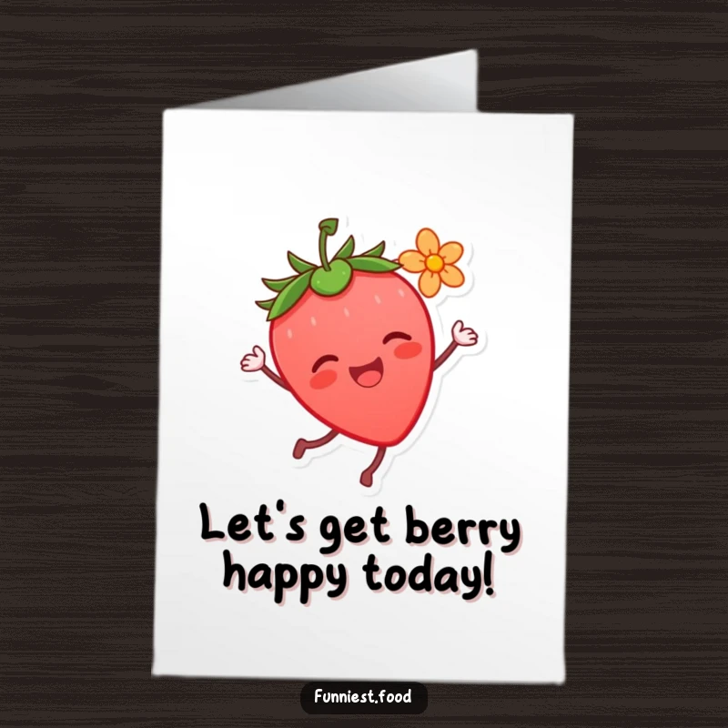 Funny Free Printable Birthday Card: A joyful strawberry character with a flower dances gleefully, a hilarious greeting.