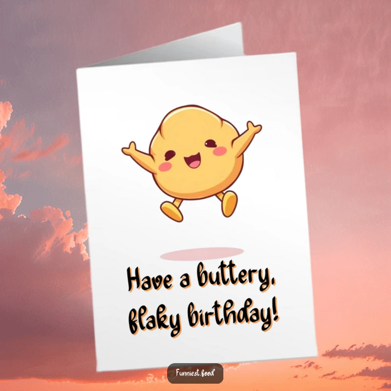 Funny Free Printable Birthday Card: A croissant jumps joyfully, butter pats for feet, caught mid-air in celebration.
