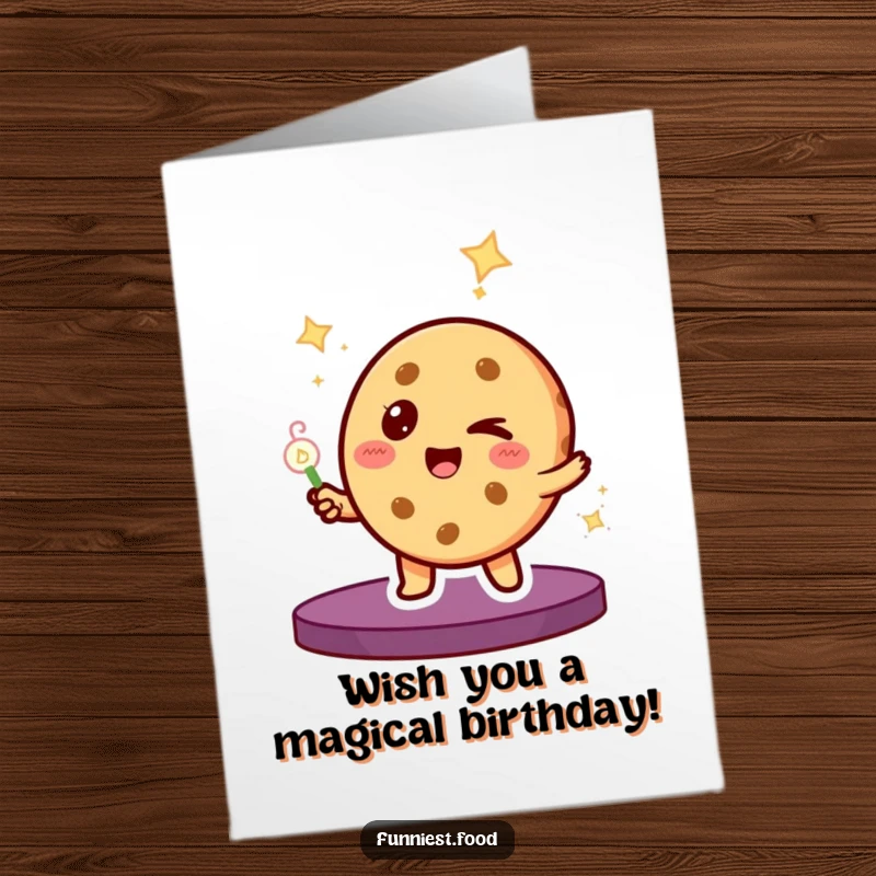 Funny Free Printable Birthday Card: Winking cookie character performing a magic trick, with playful sparkles and wonder.